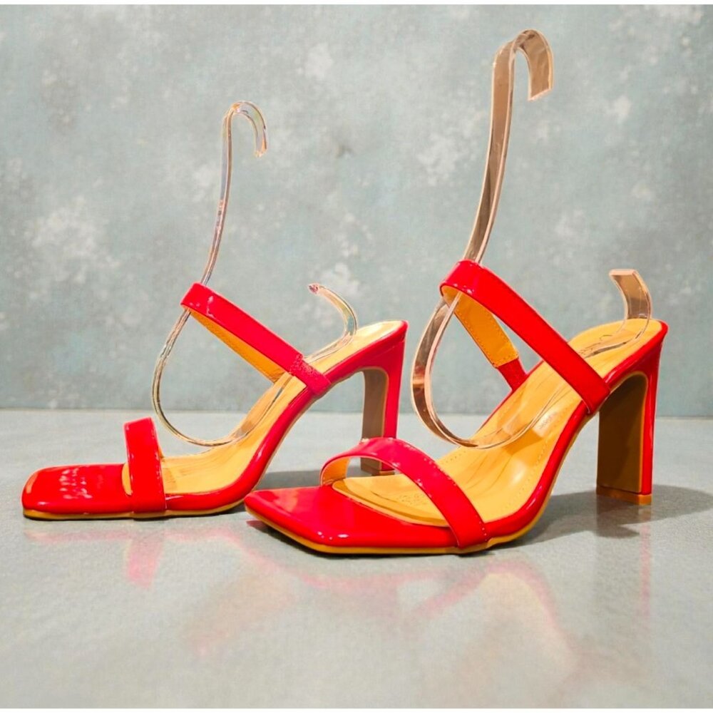 Bright Red Patent Leather High Heel Strappy Sandals With Square Toe